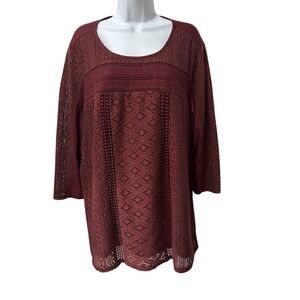 Krazy Kat Women's Burgundy Lace Detail 3/4 Sleeve Top Plus Size XXL
